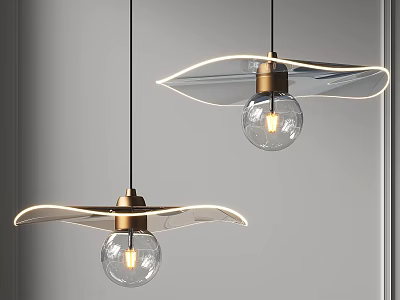 Modern Copper Glass Pendant Lights With Curved White Shades And Transparent Globe Bulbs 3d model