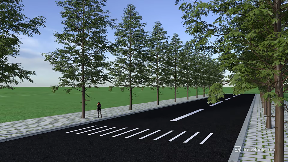 Tall Trees Planted Along Roadside With Green Grass Sidewalk Person Walking Under Blue Sky 3d model 