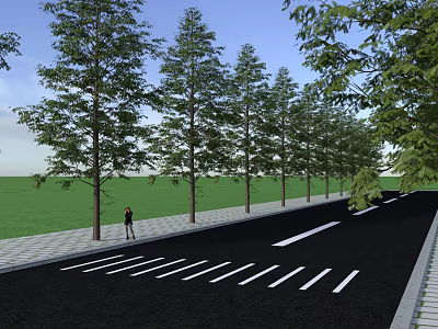 Tall Trees Planted Along Roadside With Green Grass Sidewalk Person Walking Under Blue Sky 3d model