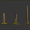 Three Wooden Stumps With Stone Bases And Green Moss Against Gray Background