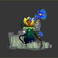Flower Fairy Character Wearing Green Dress Holding Blue Yellow Flowers Standing On Grass Wetland