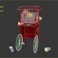 Red Vintage Popcorn Cart With Blue Canopy Glass Display And Popcorn Buckets