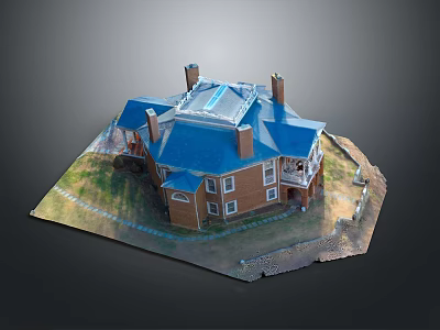 Red Brick Two Story Building With Blue Roof Multiple Chimneys And Grass Courtyard 3d model