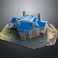 Red Brick Two Story Building With Blue Roof Multiple Chimneys And Grass Courtyard