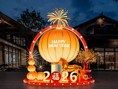 New Year Themed Art Installation With Big Lantern Fireworks Horse Figure And Fortune Characters 3d model