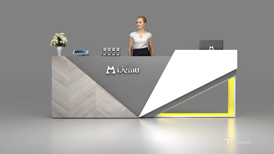 Modern Reception Desk With Miemu Logo Flower Arrangement Phone And Yellow Lighting 3d model 