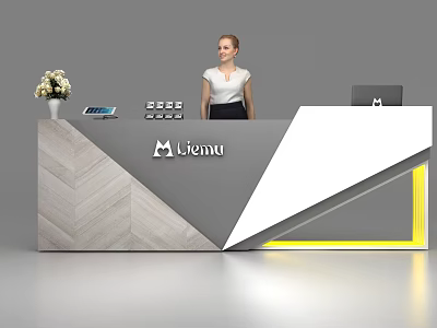 Modern Reception Desk With Miemu Logo Flower Arrangement Phone And Yellow Lighting 3d model