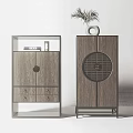 Modern Chinese Wooden Decorative Cabinets with Drawer Door Round Grid and Top Vase Plant Decorations