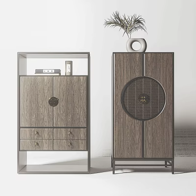 Modern Chinese Wooden Decorative Cabinets with Drawer Door Round Grid and Top Vase Plant Decorations 3d model