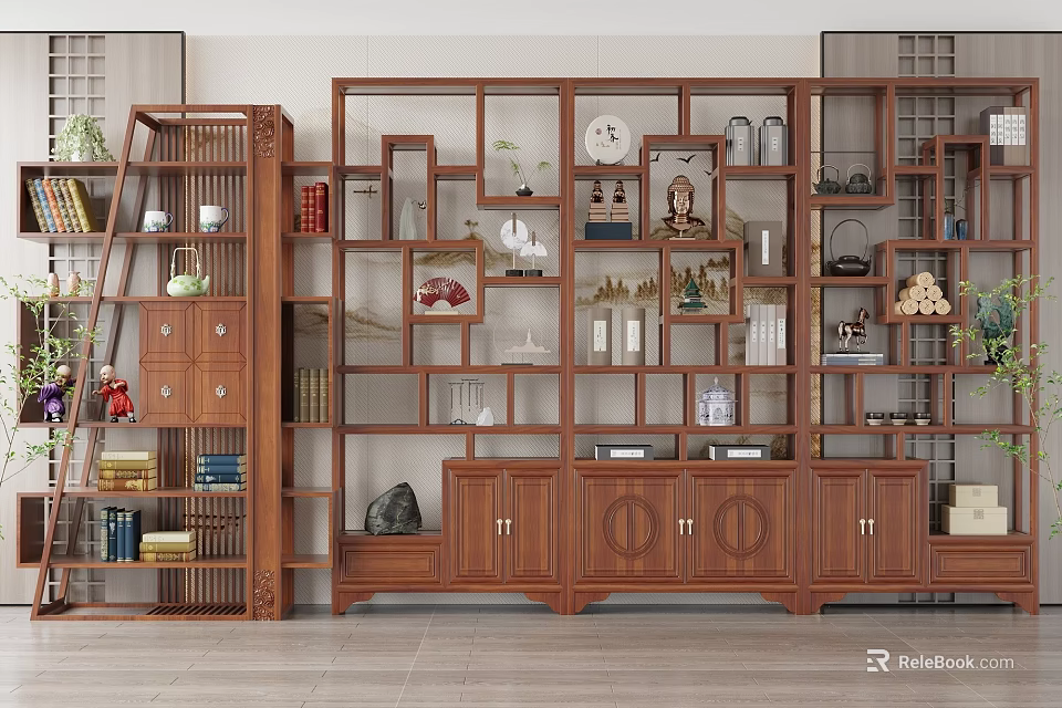 Traditional Chinese Wooden Antique Display Shelves With Multiple Compartments And Decorative Items Books Vases 3d model 