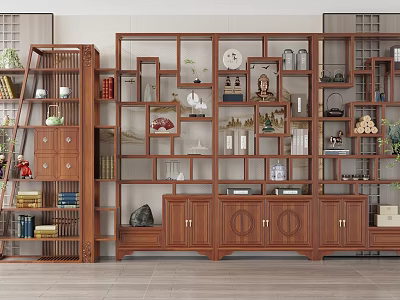 Traditional Chinese Wooden Antique Display Shelves With Multiple Compartments And Decorative Items Books Vases 3d model