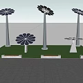 Garden Landscape Design With Solar Flower Structures Trees Shrubs Lawn And Stone Pavement