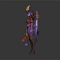 Fantasy Character With Purple Skin Golden Horns Bat Wings Red Gold Armor And Weapon