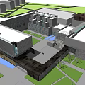 Modern Commercial Complex Exterior With Glass Curtain Walls And Water Feature