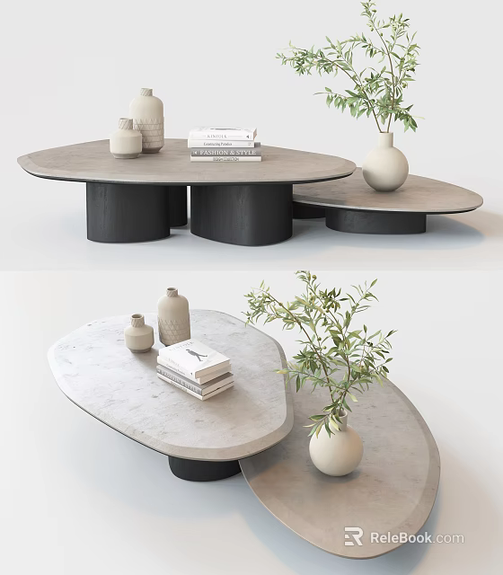 Elegant Modern Coffee Table With Concrete Top Wooden Legs And Green Plant Vase Books 3d model 