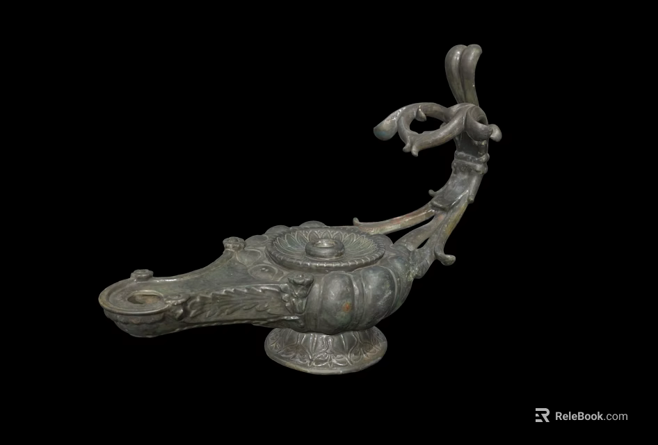 Ancient Bronze Oil Lamp Sculpture With Intricate Carvings And Ornate Handle 3d model 