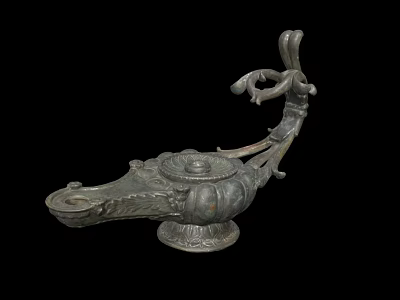 Ancient Bronze Oil Lamp Sculpture With Intricate Carvings And Ornate Handle 3d model