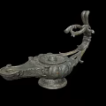 Ancient Bronze Oil Lamp Sculpture With Intricate Carvings And Ornate Handle