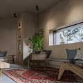 Minimalist Living Room with Gray Sofa Wooden Coffee Table Large Windows and Green Plant