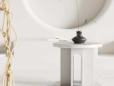 Minimalist Modern Side Table Featuring Round Marble Top And Sleek White Frame With Decorative Plant 3d model