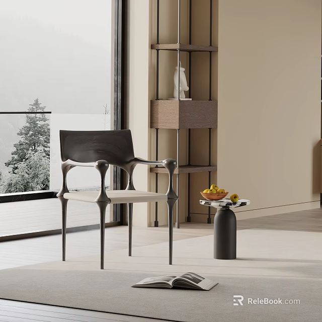 Modern Black Dining Chair with Armrests Near Small Side Table with Fruits by Window 3d model 