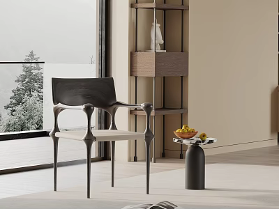 Modern Black Dining Chair with Armrests Near Small Side Table with Fruits by Window 3d model