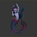 Fantasy Female Character With Colorful Long Hair And Flowing Tail In Elegant Pose On Gray Background