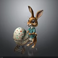 Cartoon Rabbit In Blue Shirt Pushing Colorful Spotted Easter Egg Trolley