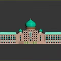 Islamic Style Building with Pink Exterior Green Domes Central Courtyard and Arched Windows