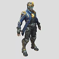 Detailed Game Movie Character with Blue Coat Golden Helmet and Black Armor
