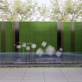 Contemporary Landscape Sculpture With Green Wall Water Pool And Surrounding Trees On Stone Tiles