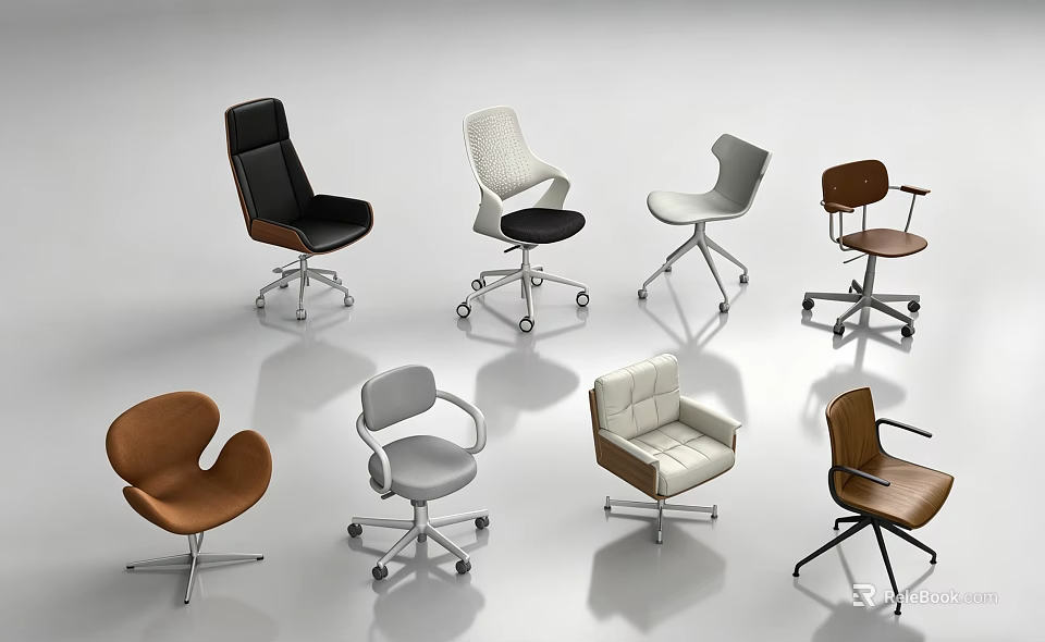 Modern Office Chairs With Various Designs Different Colors And Swivel Bases 3d model 