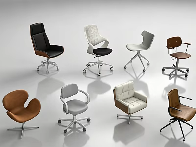 Modern Office Chairs With Various Designs Different Colors And Swivel Bases 3d model