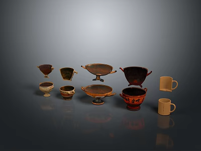 Sculpted Pottery Vessels Including Bowls And Cups In Brown Red And Light Colors 3d model