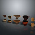Sculpted Pottery Vessels Including Bowls And Cups In Brown Red And Light Colors