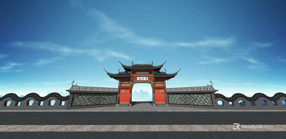 Ancient Chinese Architectural Gate With Classic Eaves Red Doors And Symmetrical Walls 3d model 