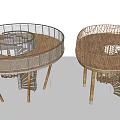 Modern Wooden Spiral Staircase With Metal Railings And Supporting Pillars