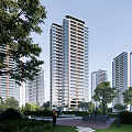 Modern High Rise Residential Buildings With Green Trees And Surrounding Landscape