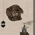 Natural Wooden Wall Decoration With Intricate Carving Lantern Light And Potted Plant