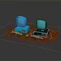 Vintage Computer Setup With Dual Blue Screen Monitors Keyboards Mice And Tower Cases