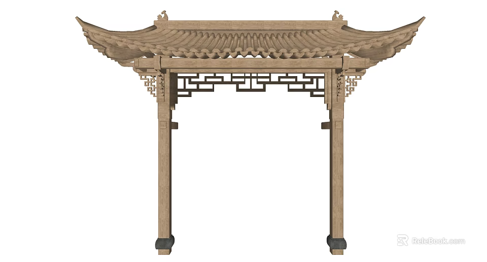 Traditional Chinese Architectural Component With Classic Roof Carved Patterns And Wooden Columns 3d model 