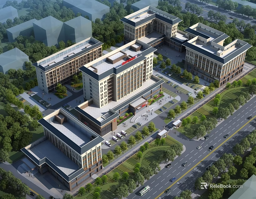 Modern Urban Complex With Multiple Buildings Green Spaces Roads And Parking Areas 3d model 