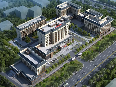 Modern Urban Complex With Multiple Buildings Green Spaces Roads And Parking Areas 3d model