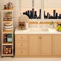 Organized Kitchenware On Multi Tiered Shelf With Beige Cabinets And City Skyline View
