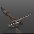 Flying Pterosaur Model With Spread Wings On Dark Background And Reflection