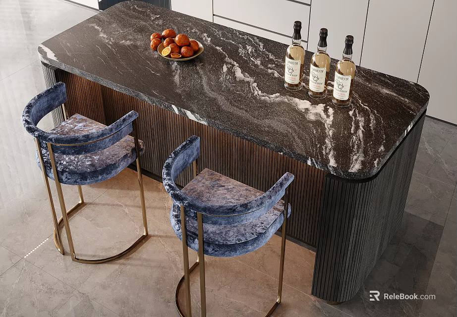 Modern Bar Counter With Black Marble Top Blue Velvet Stools And Wine Bottles 3d model 