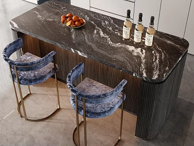 Modern Bar Counter With Black Marble Top Blue Velvet Stools And Wine Bottles 3d model