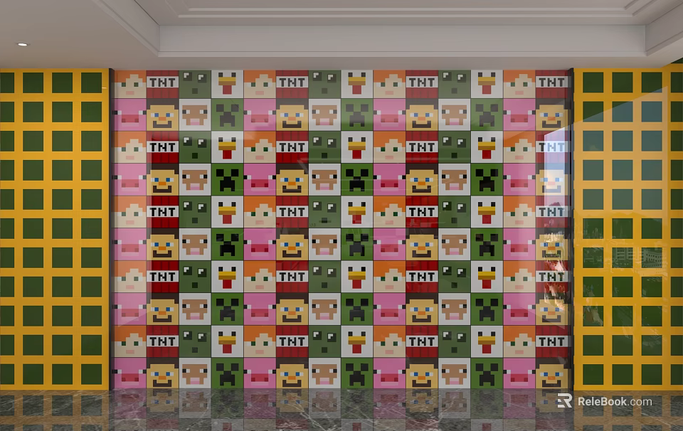 Colorful Square Pattern Background Wall Featuring Cartoon Faces TNT Text And Green Yellow Cabinets 3d model 