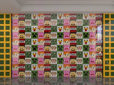 Colorful Square Pattern Background Wall Featuring Cartoon Faces TNT Text And Green Yellow Cabinets 3d model
