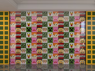 Colorful Square Pattern Background Wall Featuring Cartoon Faces TNT Text And Green Yellow Cabinets 3d model